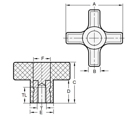 1092199 | KF100M-044-CH --- Cross Knobs - M10 - 10x1.5mm - 44.45x15.9 mm Female - Brass Knob