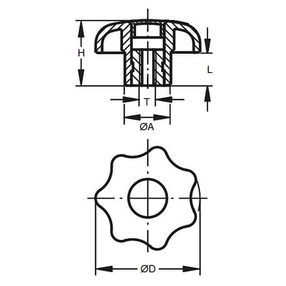 1062516 | KF050M-025-STRF-PL --- Star Knobs - M5 - 5x0.8mm - 25x9 mm Female Plastic - Plastic Knob