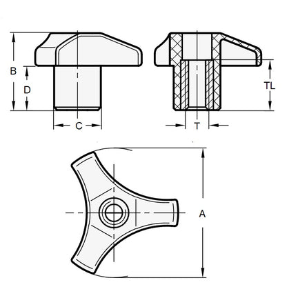 1072984 | KF064C-044-TRI-PFKLK --- Tri Knobs - 1/4-20 UNC - 6.35mm - 44.45 - - Through Hole - Steel Knob