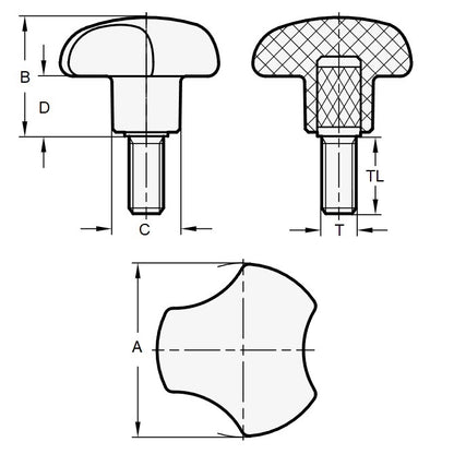 1077295 | KM079C-040-3LL --- Lobe Knobs - 5/16-18 UNC - 7.94mm - 39.88x38.1 mm Three Lobe - Plated Steel Knob