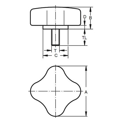 1072210 | KM064C-020-4L13 --- Lobe Knobs - 1/4-20 UNC - 6.35mm - 20.07x13 mm Four Lobe - Plated Steel Knob