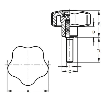 1072740 | KM064C-032-5L25-S4 --- Lobe Knobs - 1/4-20 UNC - 6.35mm - 32x25.4 mm Five Lobe - Stainless Steel 304 Similar to A2, 18-8 HRB80 Knob