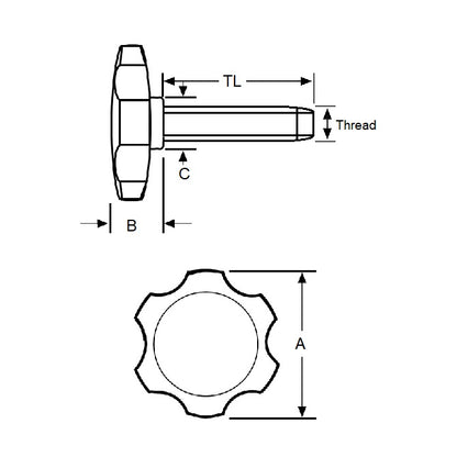 1072859 | KM064C-038-3810-ROS-G (5 Pcs) --- Thumb Knobs - 1/4-20 UNC - 6.35mm - 38.1x38.1 mm Male With Cap Screw - Plastic Knob