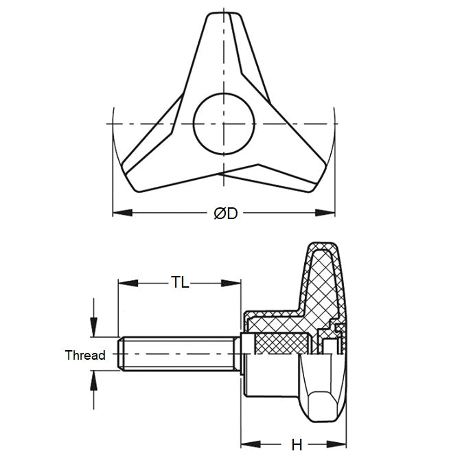 1072533 | KM064C-029-TRI-BHM --- Tri Knobs - 1/4-20 UNC - 6.35mm - 28.58 mm - 12.7 Male - Plated Steel Knob