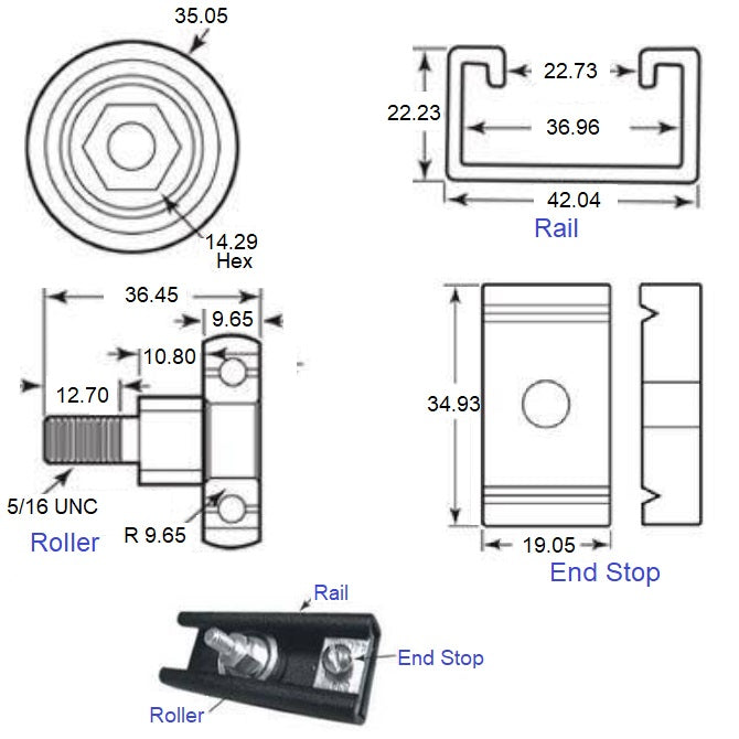1227429 | PBC-208RS --- Crowned Roller Track System Linear - Black Powder Coated Rail 2438.4 mm Long - Order other components seperately - Powder Coated