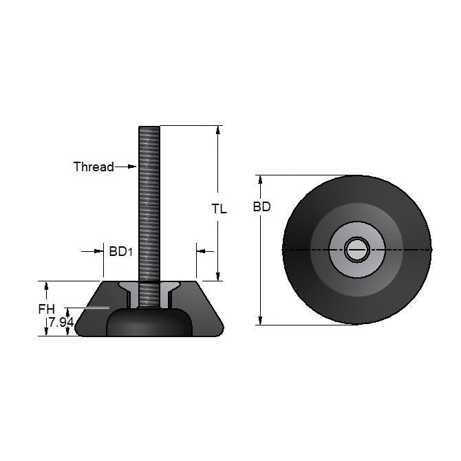 1083412 | TMF-555-ARS --- Levelling Bonded Neoprene Mounts - 9.0 to 29.0 Kg 1.27x6.35 mm With Stud