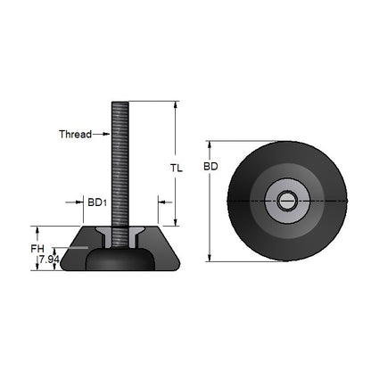 1083412 | TMF-555-ARS --- Levelling Bonded Neoprene Mounts - 9.0 to 29.0 Kg 1.27x6.35 mm With Stud
