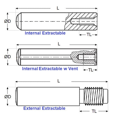 1063064 | DP050-040-CH-1EF (5 Pcs) --- Dowel Pins - 5x40x40 mm Extractable - Carbon Steel