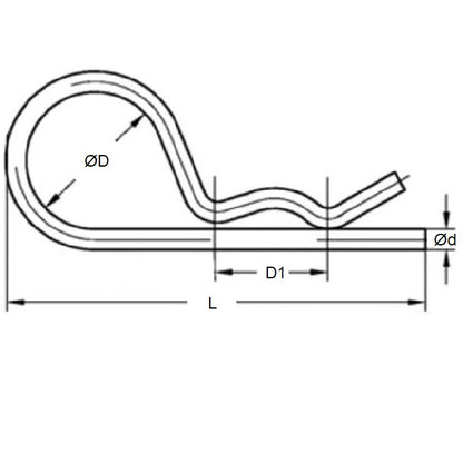 1041599 | RCL-024-064-Z (10 Pcs) --- Single Coil R Clips - 2.4x64 mm - Spring Wire, Oil-Tempered Steel Clip
