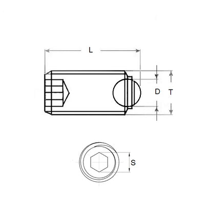 1060798 | SS050M-0086-S4-RB --- Rolling Ball Tip Socket Set Screws - M5 - 5x0.8mm - 8 mm  - 304 Stainless Steel A2, 18-8 with 440C Stainless HRC 50-55 tip Screw