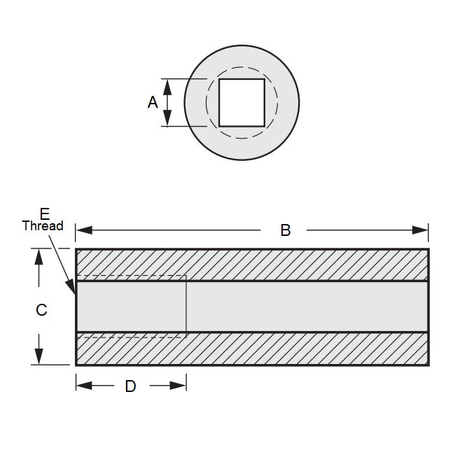 1059676 | SLQ-0476-0795-03810-T --- Square Hole Sleeves - 4.864x7.938x38.1 mm Threaded - Carbon Steel 11L17 Sleeve