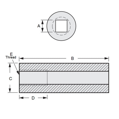 1059676 | SLQ-0476-0795-03810-T --- Square Hole Sleeves - 4.864x7.938x38.1 mm Threaded - Carbon Steel 11L17 Sleeve