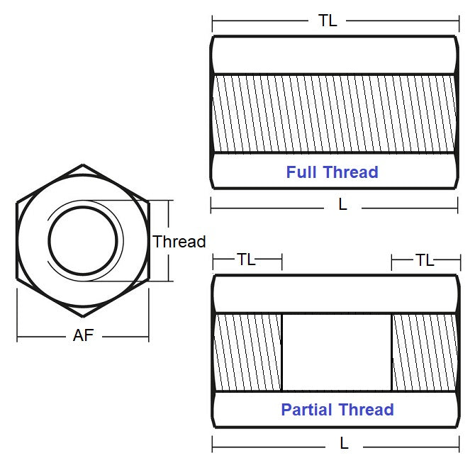1046061 | SHX-T-030M-030-005-BN (5 Pcs) --- Threaded Spacers - M3 - 3x0.5mm - 30x5 mm Hex - Brass Spacer