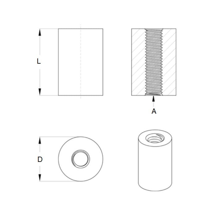 1043247 | SRD-T-0285C-05-006-B (2 Pcs) --- Threaded Spacers - 4-40 UNC - 2.85mm - 4.762x6.35 mm Round - Brass Spacer