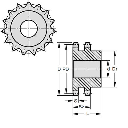 1092177 | SP2-127-078B-010-PB-C (2 Pcs) --- Roller Chain Sprockets - 10 tooth - 40.41 - - Duplex 08B With Boss - Carbon Steel Sprocket