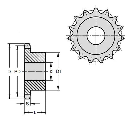 1108020 | SP1-064-028B-015-064-C --- Roller Chain Sprockets - 15 tooth - 30.31x22.23 mm Simplex - Carbon Steel Sprocket