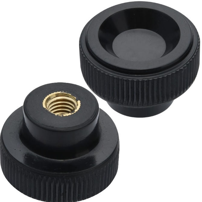 1225680 | KF040M-020-KND-PH --- Disc Knobs - M4 - 4x0.7mm - 20x7 mm Female Knurled Plastic - Brass Knob