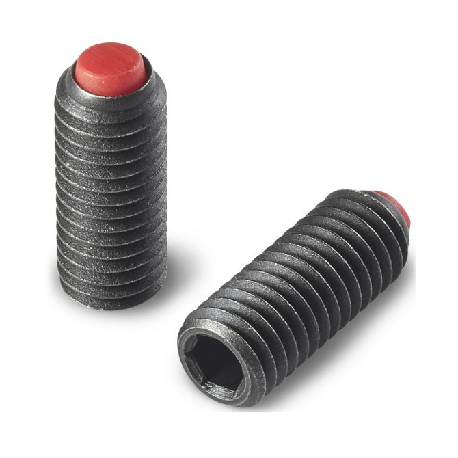 1079485 | SS080M-0099-CS-PO-FB --- Flat Tip Aligning Socket Set Screws - M8 - 8x1.25mm - 9.9 mm - Aligning Flat Tip - Carbon Steel with Polyacetal tip Screw