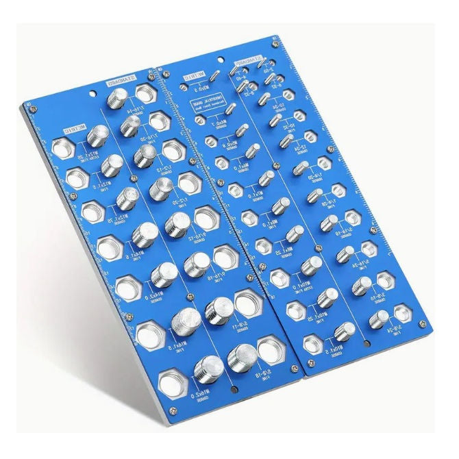 1225897 | TL-THRG-MI-BOARDS-38 --- Thread Gauge Tools - Thread Checking Set 38 Male and Female Threads - Imperial and Metric - Mounted on a freestanding board - Steel on Wood